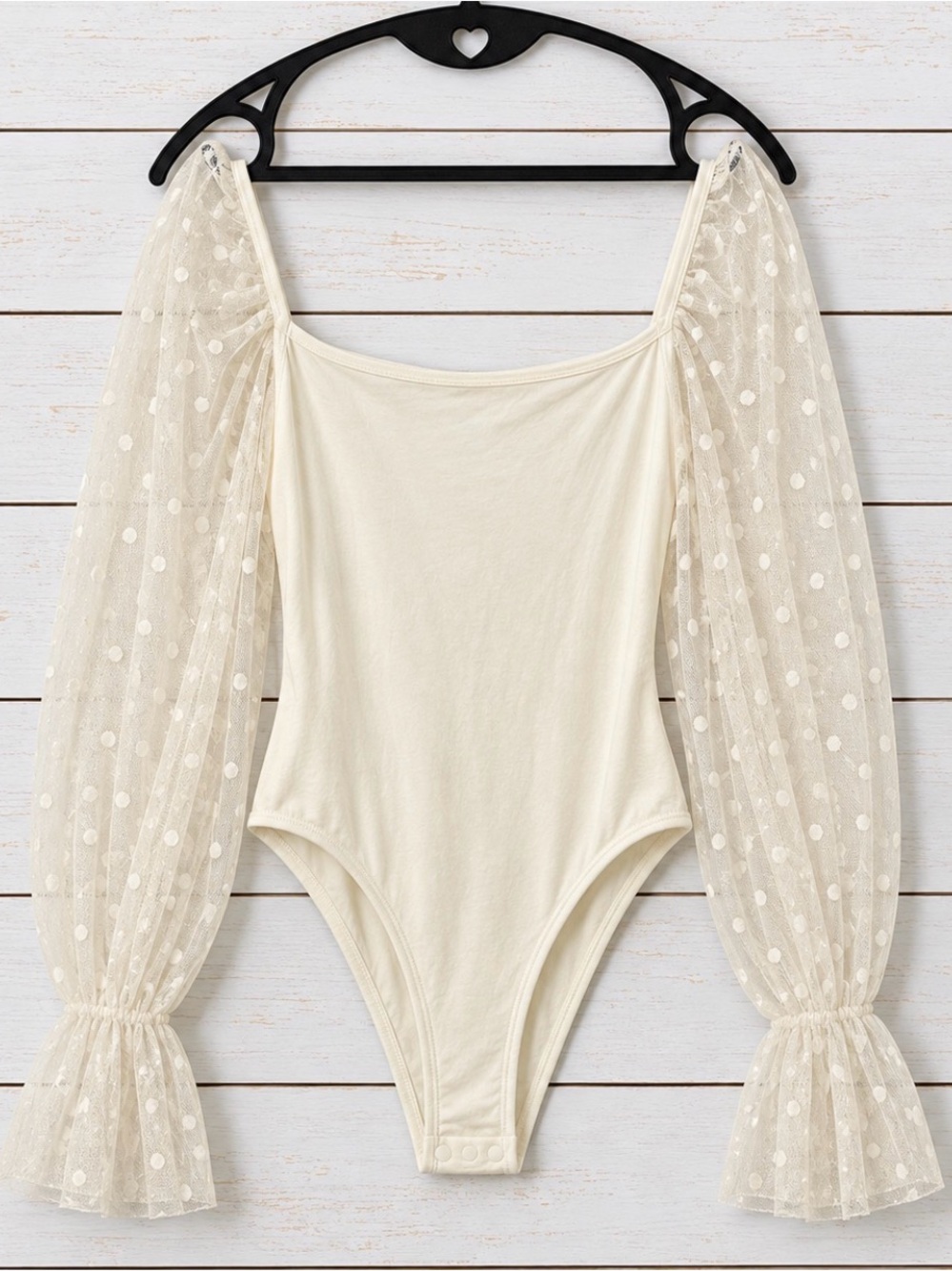Cream Bodysuit Swiss Dot Mesh Puff Sleeve Square Neck Size Small